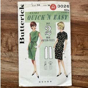Vintage 1960s Butterick 3026 Sewing Pattern Size Small Bodycon Shift Dress